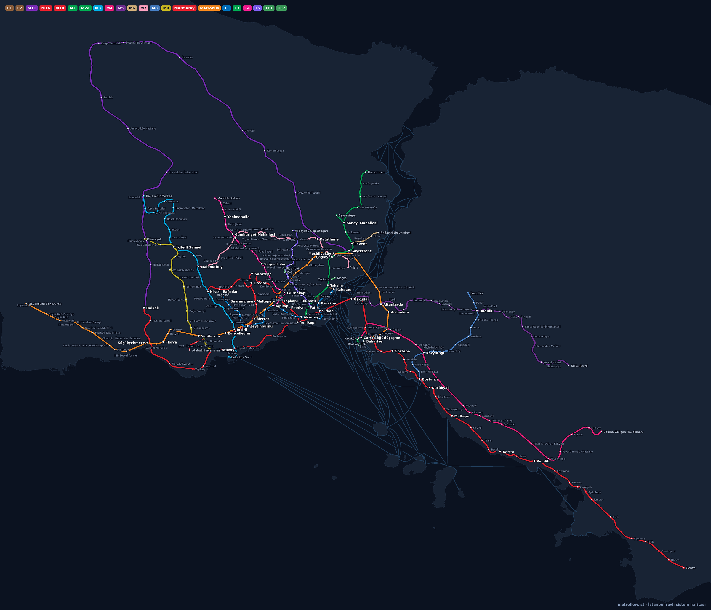 İstanbul Metro ve Raylı Sistem Haritası — 22 hat, 289 istasyon