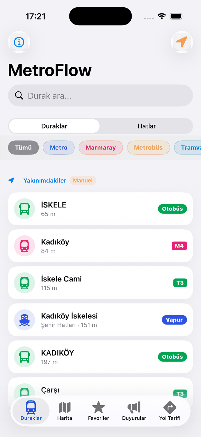 MetroFlow ekranı: En yakın duraklar ve sıradaki sefer