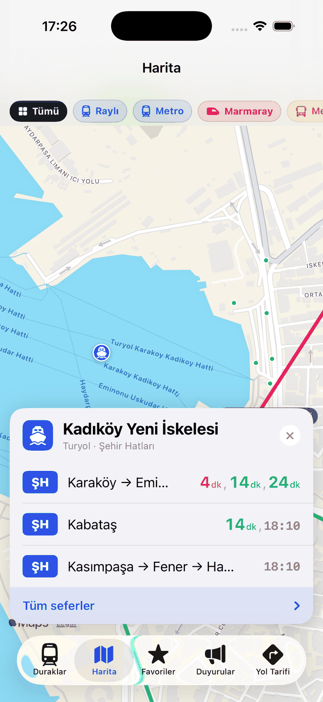 MetroFlow harita ekranı: Kadıköy iskelesine dokunuldu, sıradaki vapurlar listeleniyor